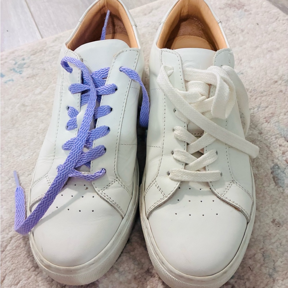 Greats White Leather Sneakers with Lavender and White Laces